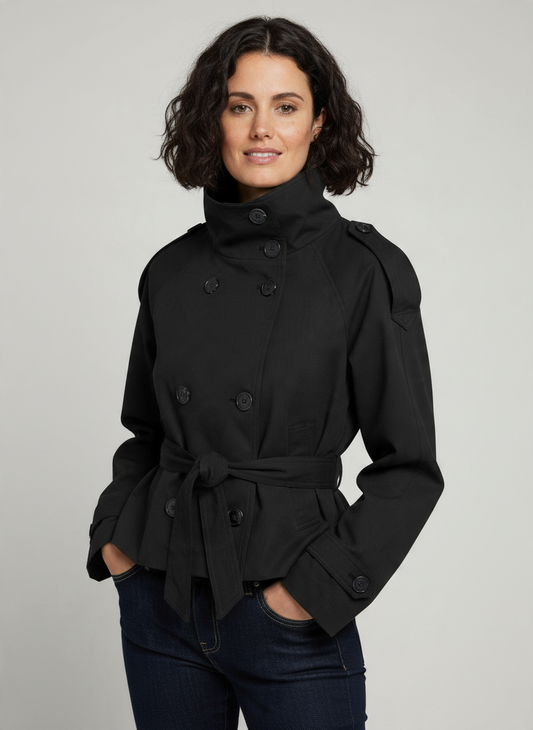 Women's Black Double Breasted Short Trench Coat with Waist Lace-Up, Long Sleeve, Solid
