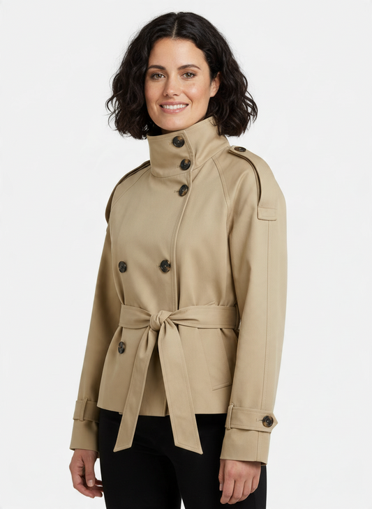 Women's Cropped Trench Coat in Khaki, Long Sleeve Short Trench for Work and Office