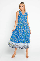 Floral Blue Printed V Neck Tank Sleeves Woman Midi Dress