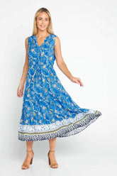 Floral Blue Printed V Neck Tank Sleeves Woman Midi Dress