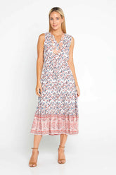 Floral Pink Printed V Neck Tank Sleeves Woman Midi Dress