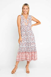 Floral Pink Printed V Neck Tank Sleeves Woman Midi Dress