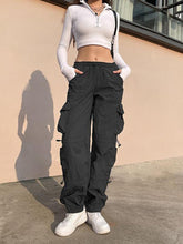 Pocket Drawstring Parachute Cargo Pants-Black