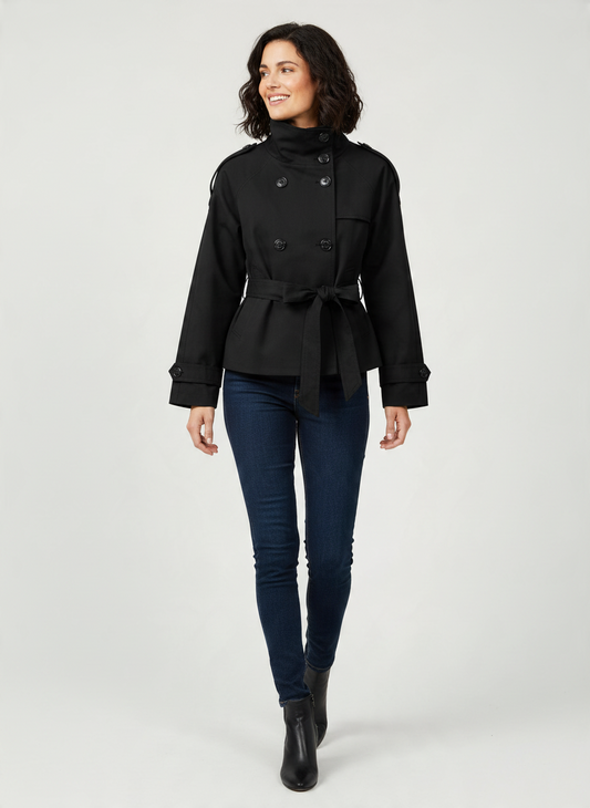Women's Black Double Breasted Short Trench Coat with Waist Lace-Up, Long Sleeve, Solid