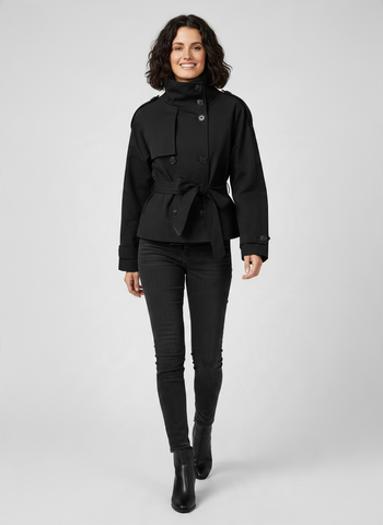 Women's Black Double Breasted Short Trench Coat with Waist Lace-Up, Long Sleeve, Solid