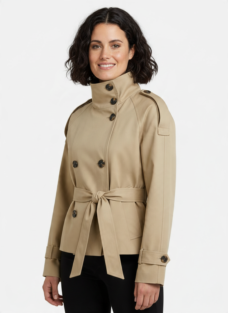 Women's Cropped Trench Coat in Khaki, Long Sleeve Short Trench for Work and Office