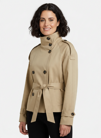 Women's Cropped Trench Coat in Khaki, Long Sleeve Short Trench for Work and Office