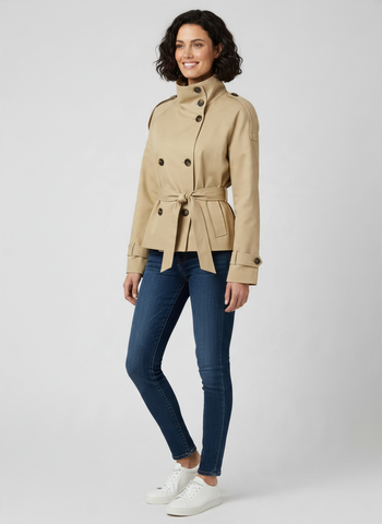 Women's Cropped Trench Coat in Khaki, Long Sleeve Short Trench for Work and Office