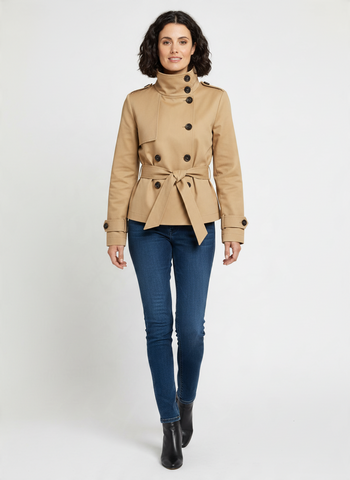 Women's Cropped Trench Coat in Khaki, Long Sleeve Short Trench for Work and Office