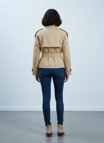 Women's Cropped Trench Coat in Khaki, Long Sleeve Short Trench for Work and Office