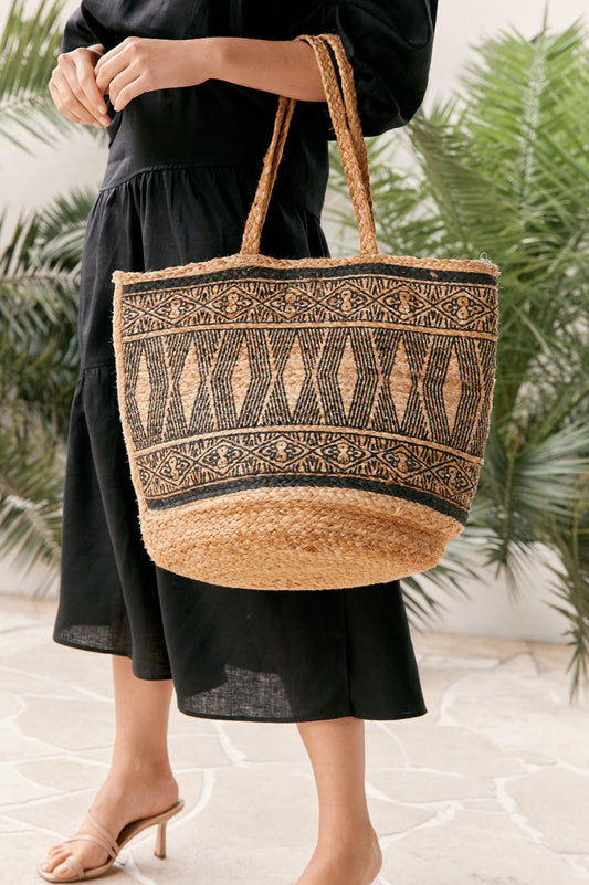 Zoya Woven Jute Tote - Natural/Black - Goupick