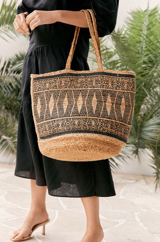 Zoya Woven Jute Tote - Natural/Black - Goupick