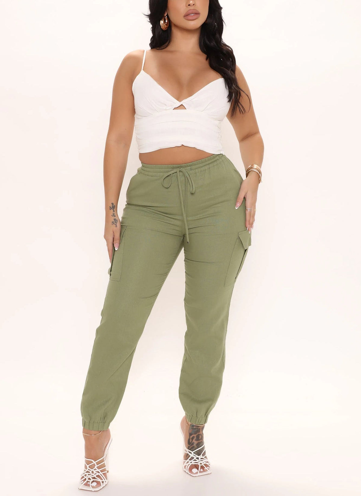 Casual Cargo Long Pants | Naomi Green Cotton Blend