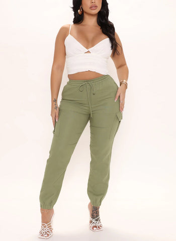 Casual Cargo Long Pants | Naomi Green Cotton Blend