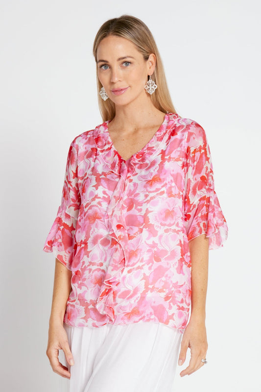 Kayla Silk Top - Pink Ruby Floral - Goupick