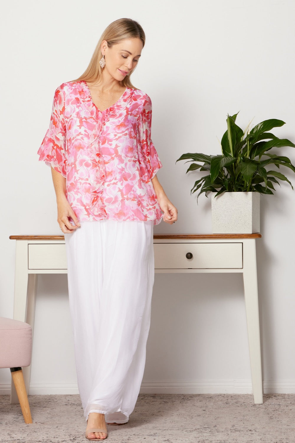 Kayla Silk Top - Pink Ruby Floral - Goupick