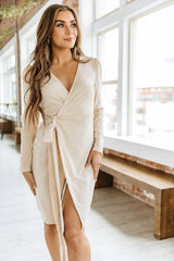 Deep V Long Sleeve Wrap Dress - Goupick