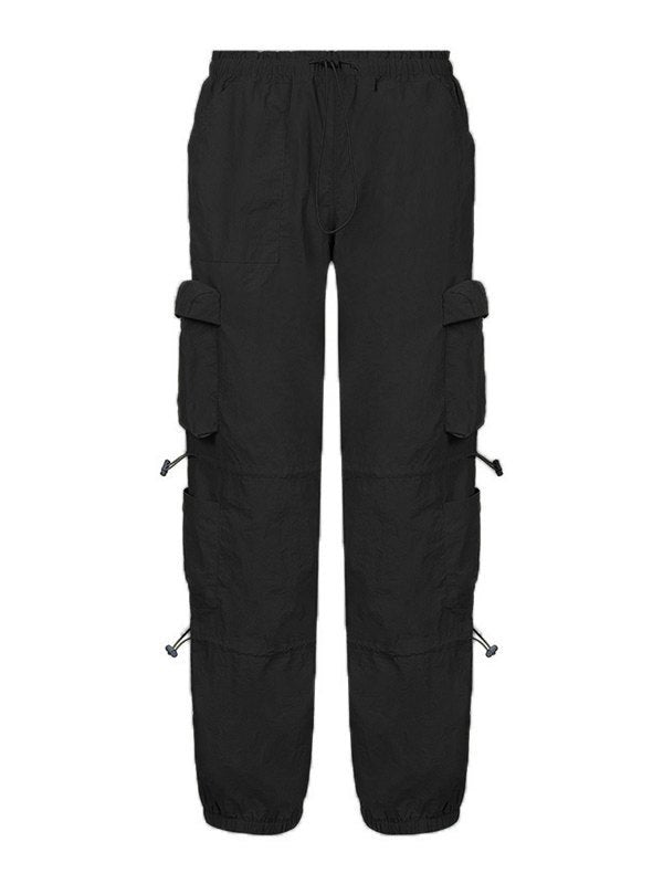 Pocket Drawstring Parachute Cargo Pants-Black