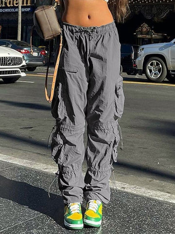 Pocket Drawstring Parachute Cargo Pants-Gray