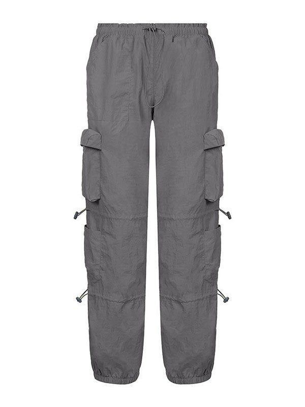 Pocket Drawstring Parachute Cargo Pants-Gray